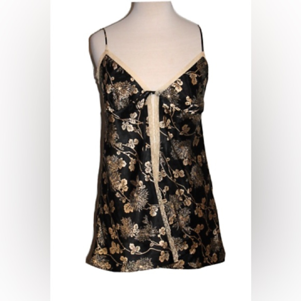 Victoria's Secret Babydoll Open Tie Front Cami Lingerie Top Black Gold Small Y2K